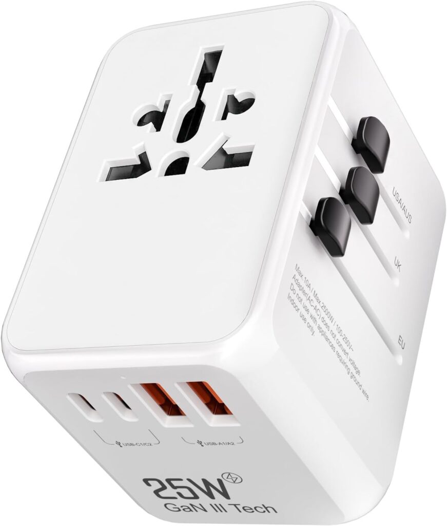 Adaptateur de voyage universel 25W avec prises pour USA, AUS, UK, UE et Japon, 5 en 1.