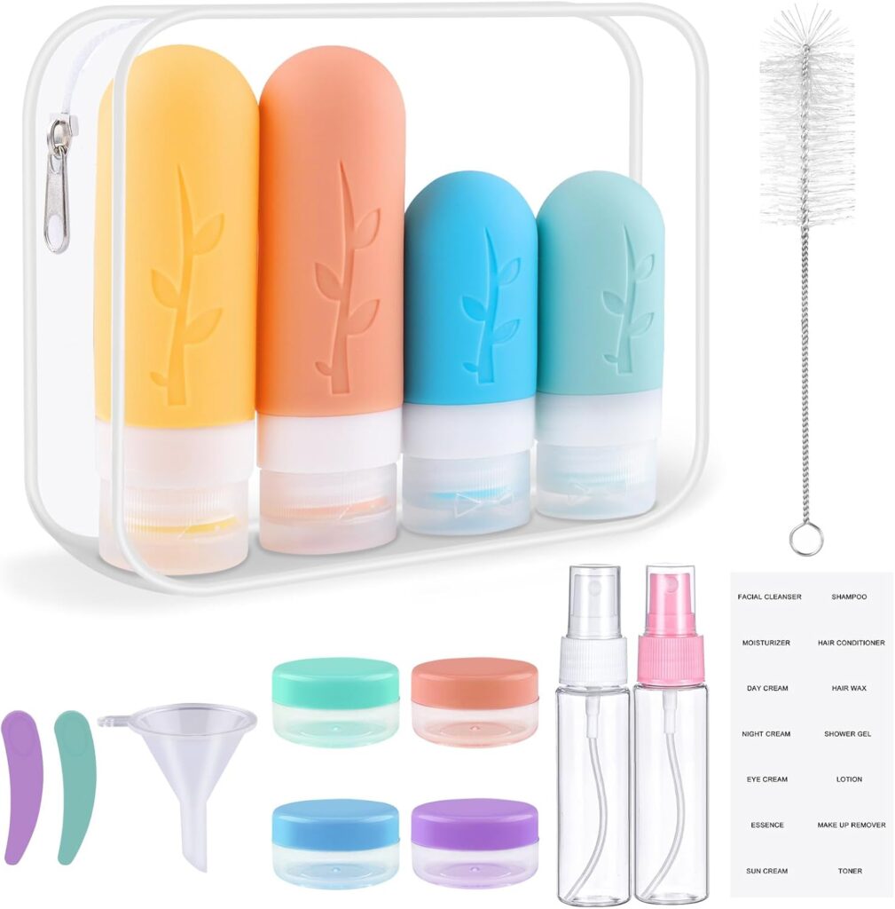 Kit complet de bouteilles de voyage en silicone : 16 pièces pour produits cosmétiques en cabine d’avion.
