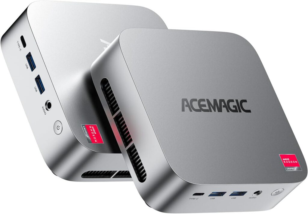 ACEMAGIC K1 Mini PC Windows 11 Pro avec Ryzen R5 et triple écran 4K pour bureaux éducatifs.