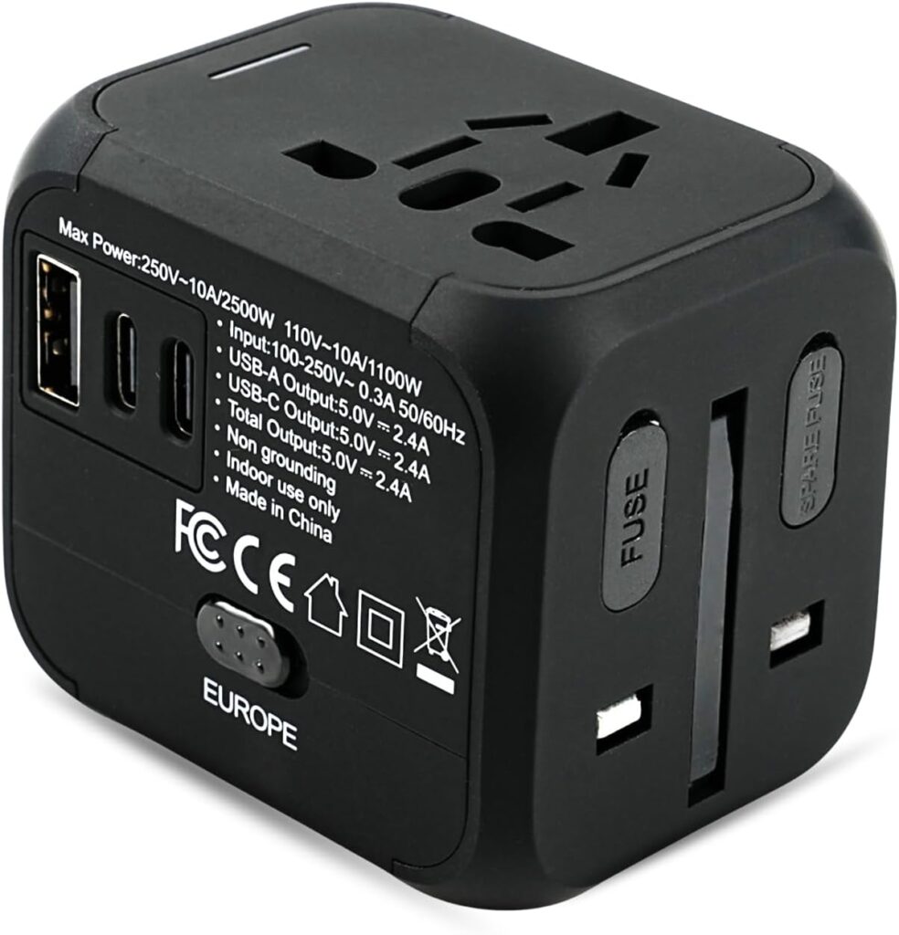 Adaptateur de voyage universel avec ports USB : compatible Allemagne, Royaume-Uni, USA, Japon, Australie.