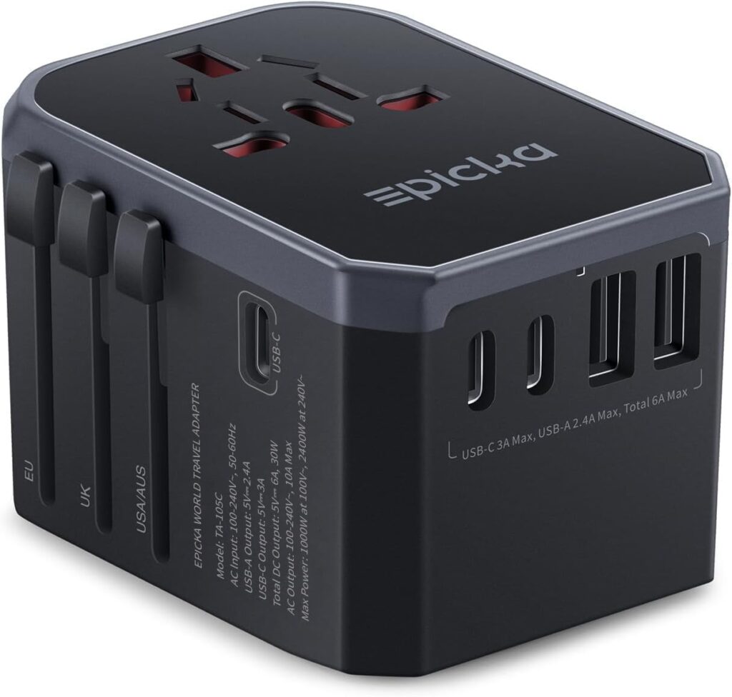 EPICKA : Un adaptateur universel compatible avec 3 ports USB et 2 USB-C pour les voyageurs.