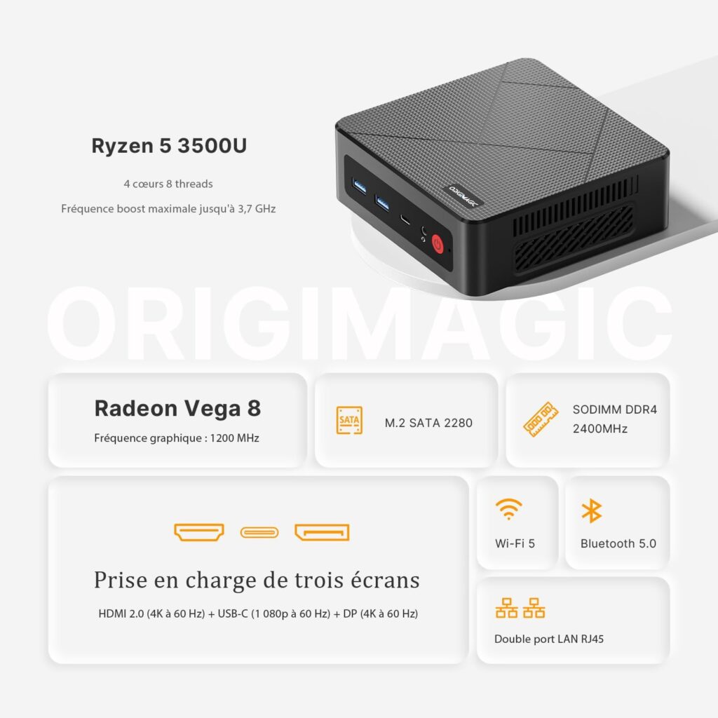 Mini PC C4 Air Ryzen 5 3500U offre des performances jusqu’à 3,7 GHz pour une utilisation bureautique.