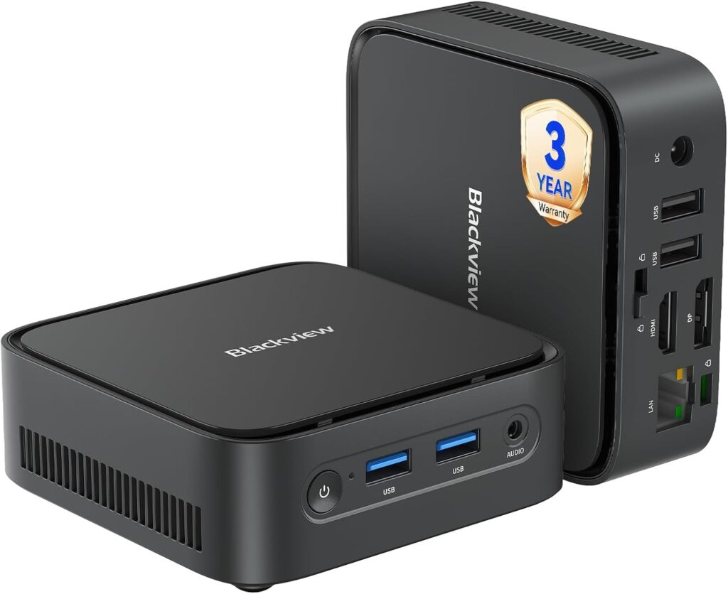 Blackview MP50 Mini PC : AMD Ryzen 5, 16 Go RAM, conçu pour le télétravail avec double écran 4K.