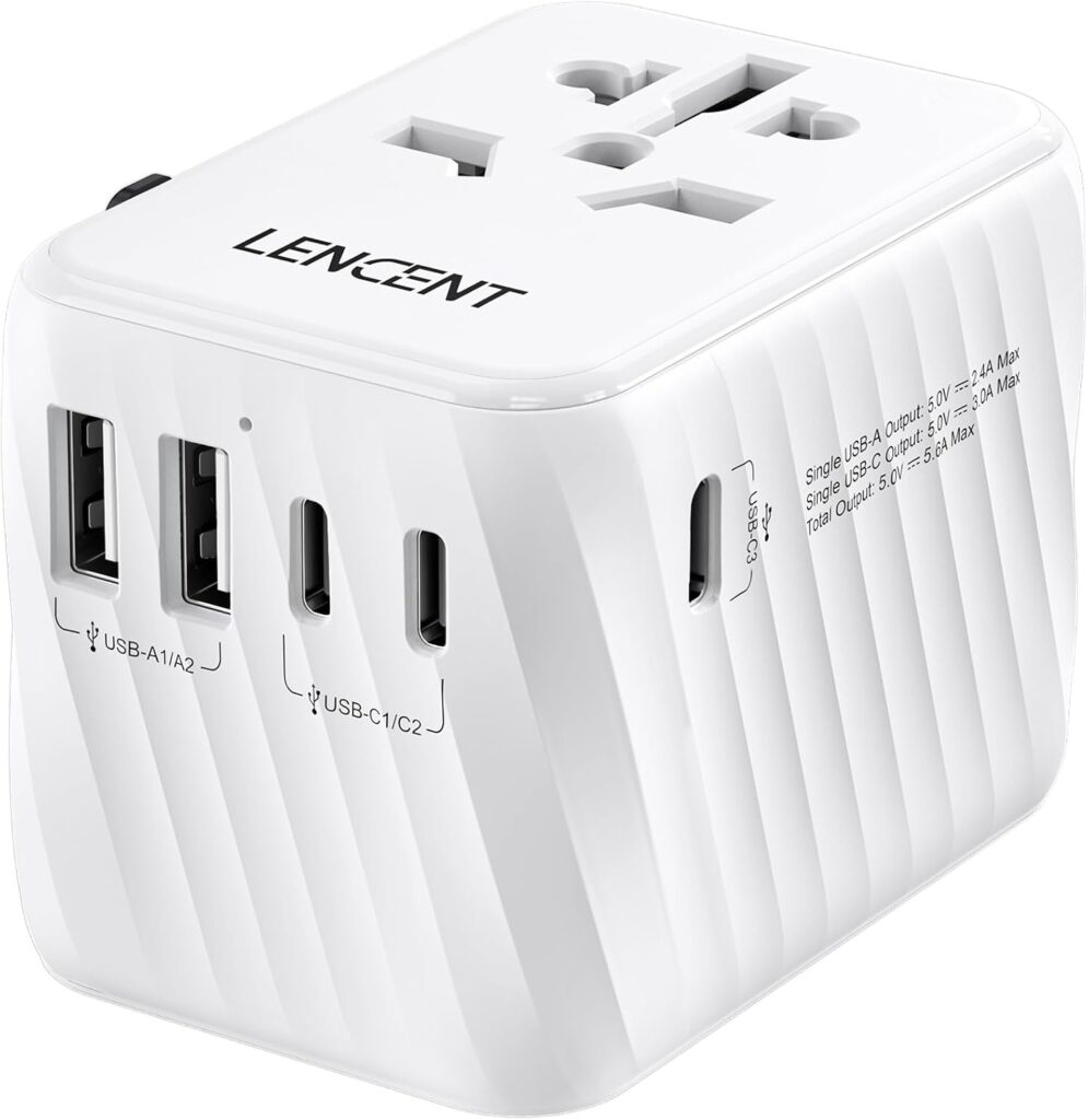 LENCENT Universal Travel Adapter : compatible avec les prises Type A/C/G/I dans 6 pays.