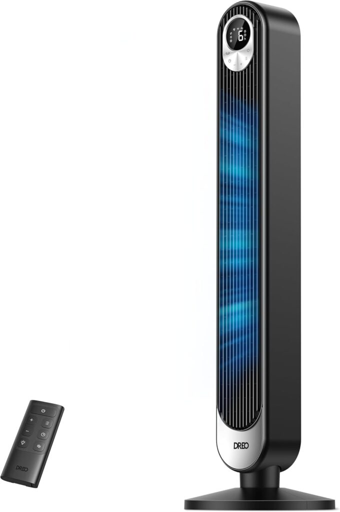 DREO Silent Column Fan : Ventilateur de tour avec 9 vitesses et télécommande, 90° d’oscillation.