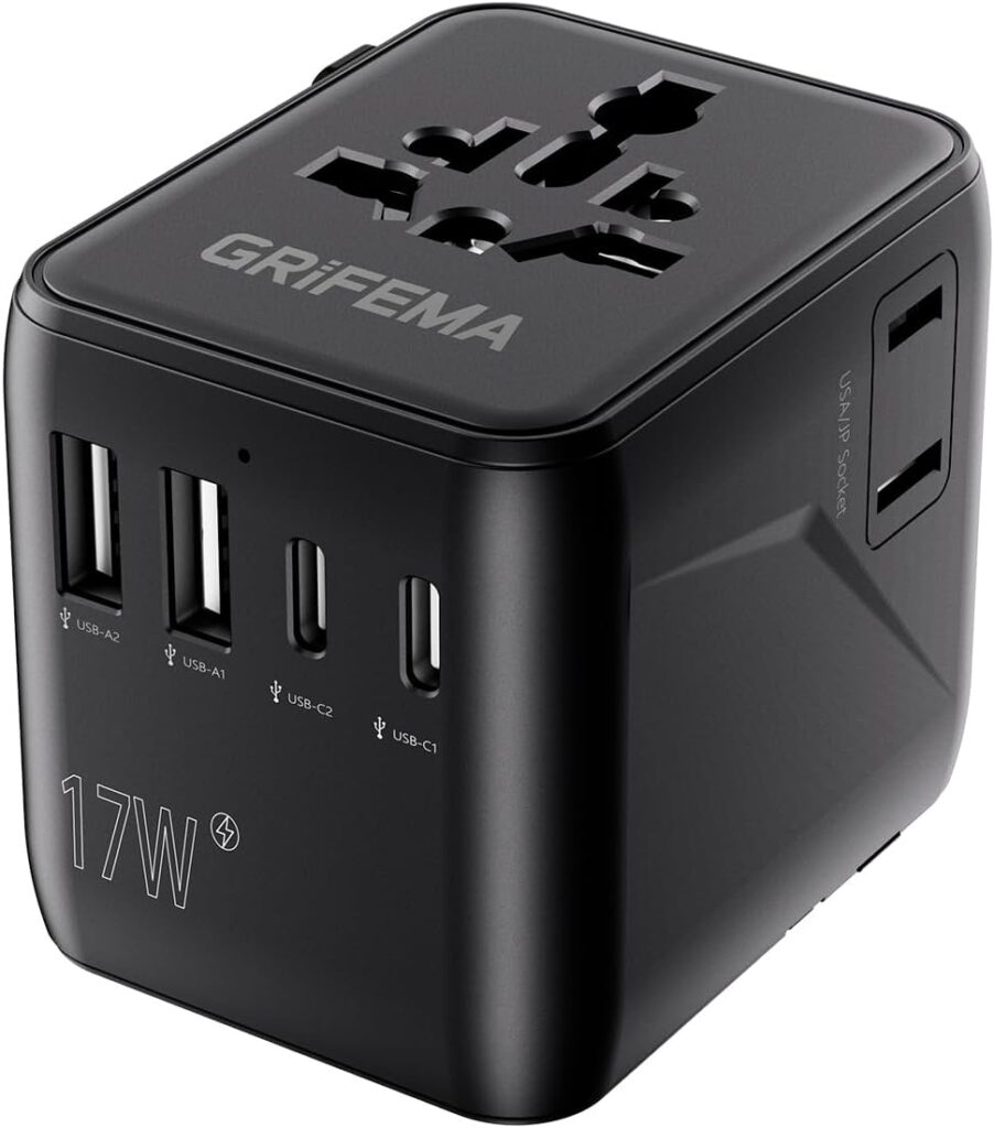 Adaptateur de voyage universel GRIFEMA 6 en 1 : 2 USB C et 2 USB A pour plusieurs régions.