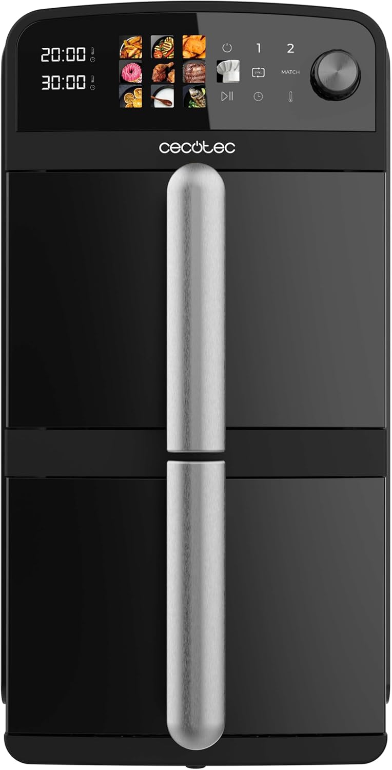 Cecotec Air Fryer 10 L : Friteuse à air avec 2 cuves de 5 L et 10 menus, économise de l’espace.