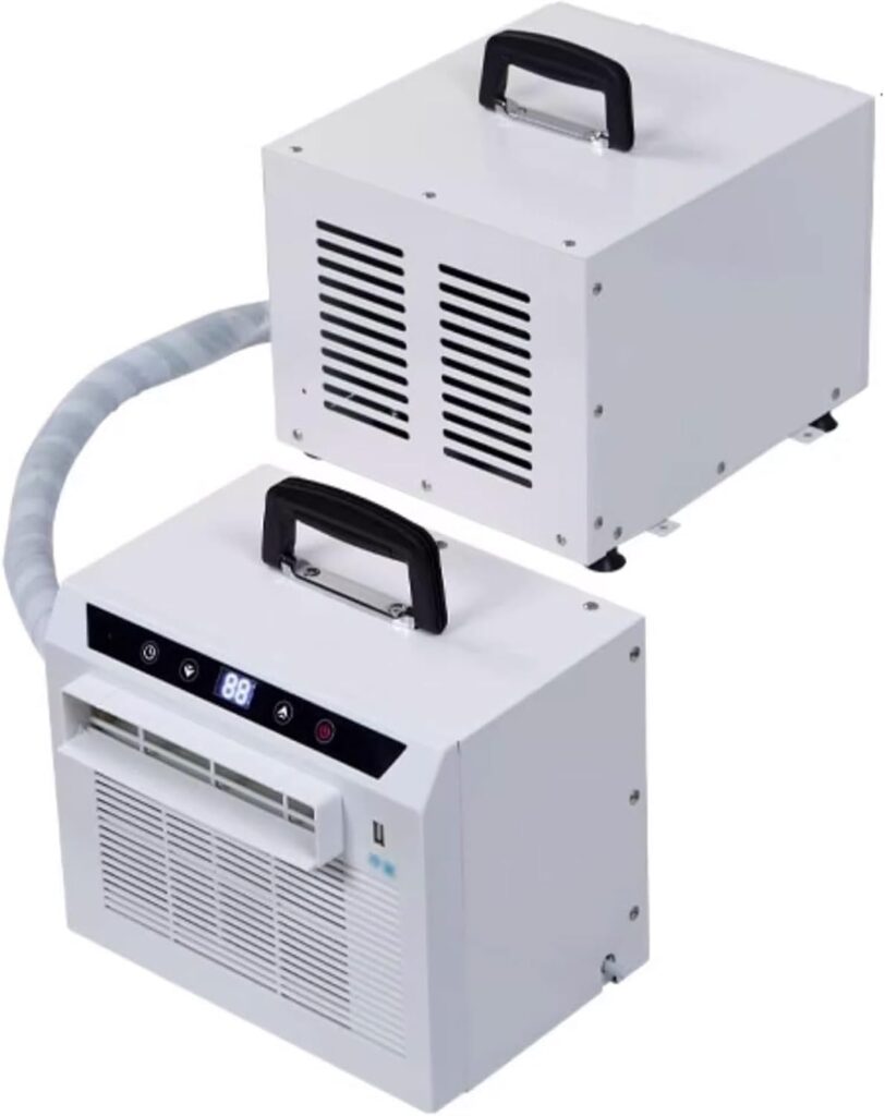 Climatiseur mobile silencieux avec structure split et tuyau de 1 mètre, sans assemblage requis.