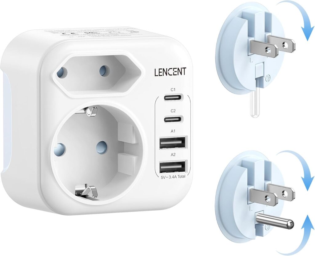 LENCENT Combo USA : Adaptateur de voyage avec USB-C pour plusieurs pays, dont le Canada et le Japon.