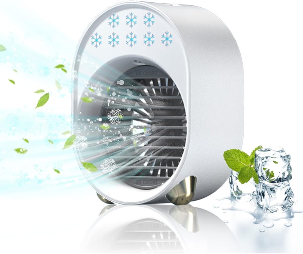 Mini climatiseur portable USB rechargeable 4 en 1, silencieux et sans évacuation pour les petites pièces.