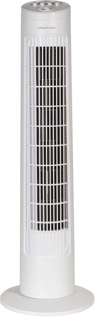 Ventilateur sur pied Russell Hobbs de 29 pouces avec oscillation de 75° et minuterie pour utilisation domestique et de bureau.