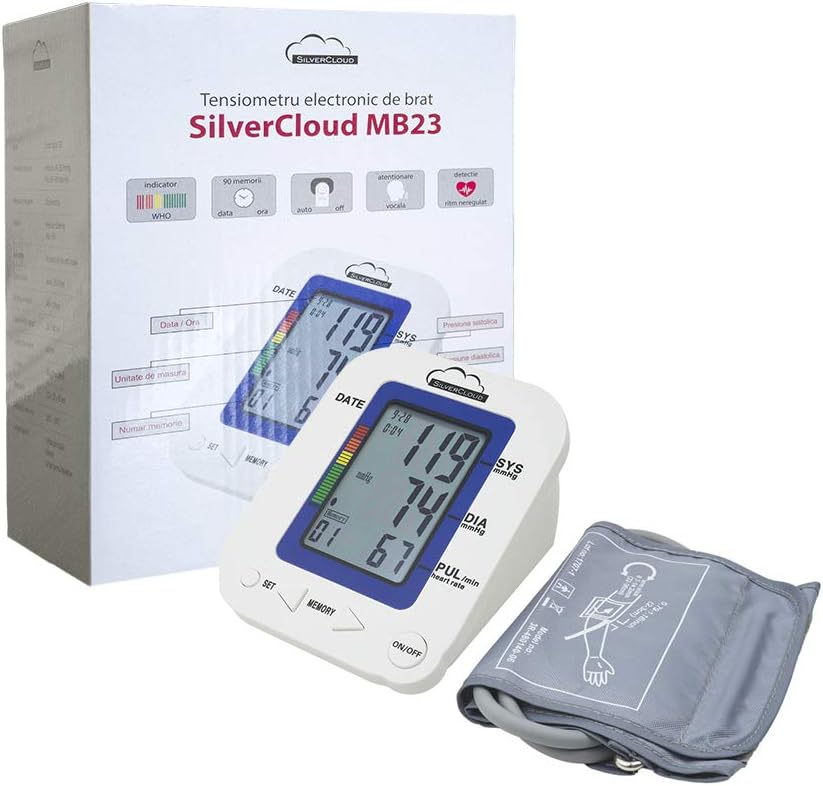SilverCloud MB23 : Moniteur de pression artérielle électronique avec alarme vocale et affichage du rythme cardiaque.