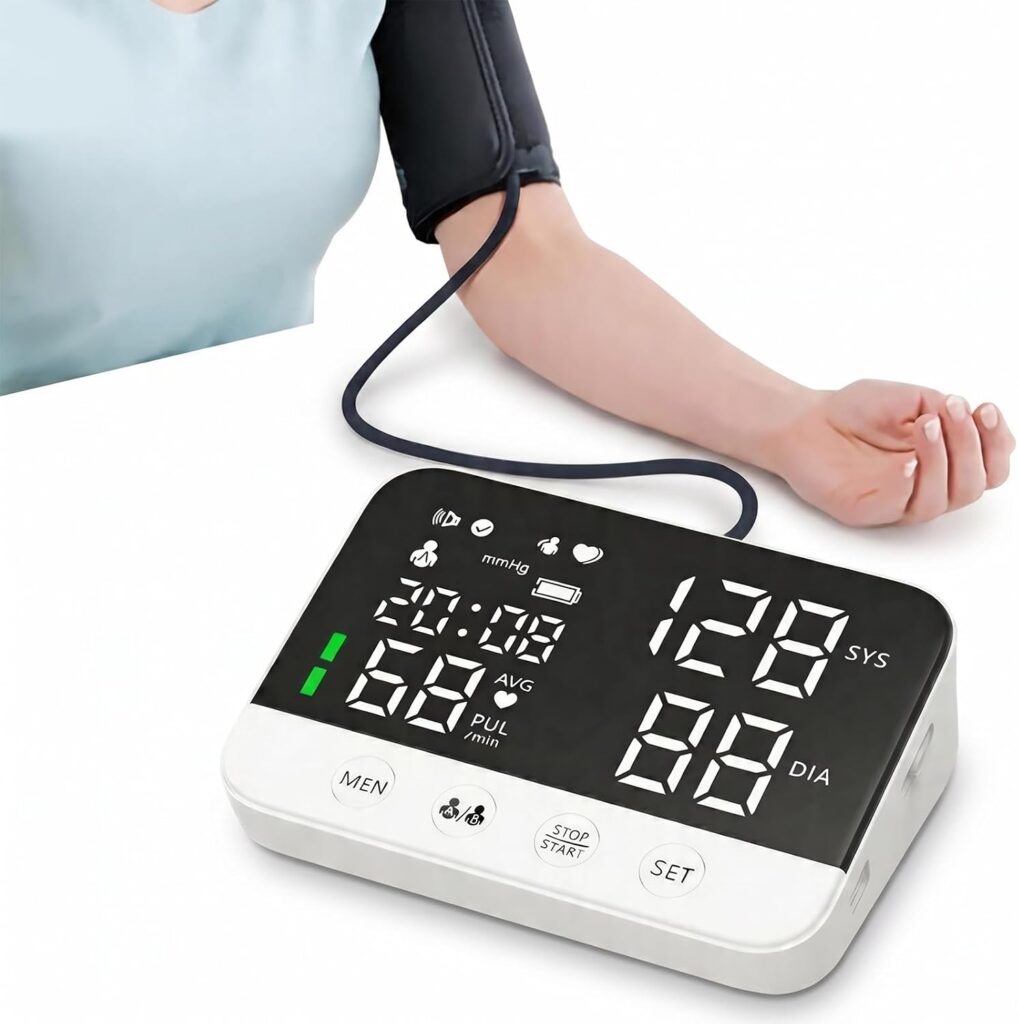 Moniteur de pression artérielle numérique avec écran LCD et batterie rechargeable – précision élevée.