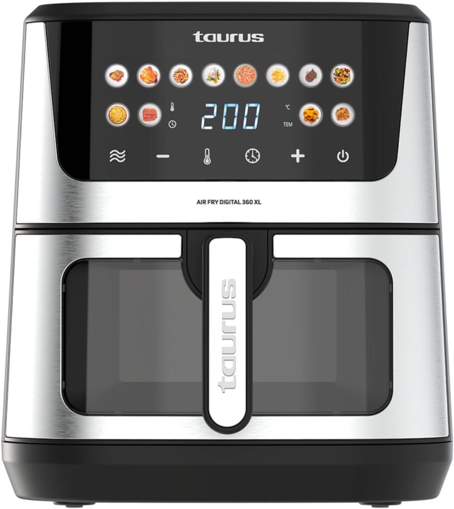 Taurus présente la friteuse à air 360 XL 2100W avec 12 programmes et écran tactile.