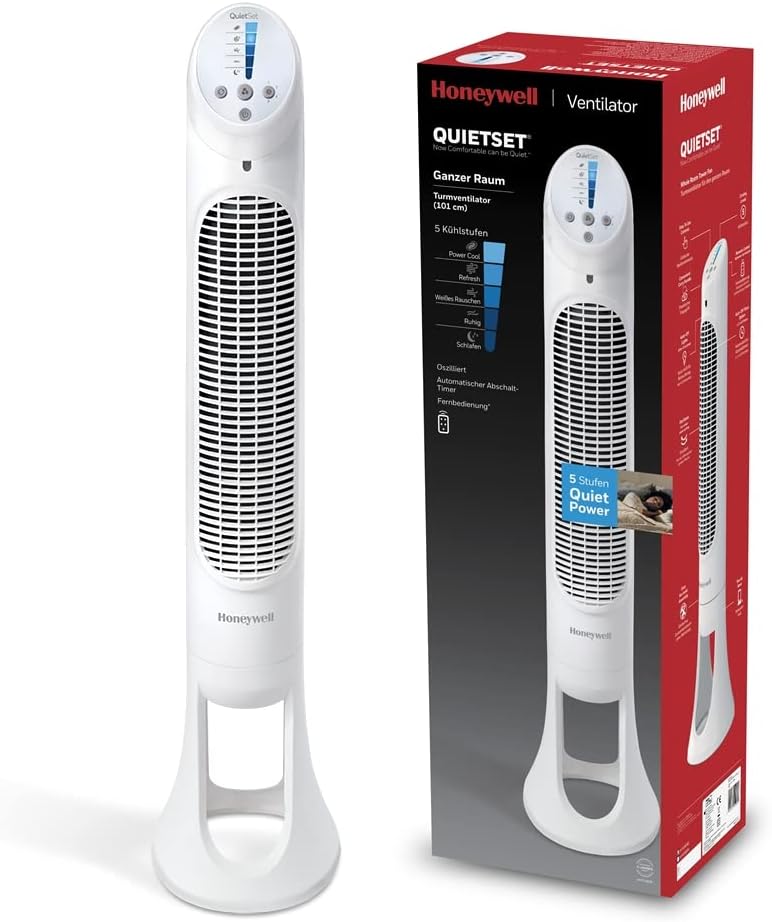 Honeywell présente le ventilateur tour HYF260E4, conçu pour un fonctionnement silencieux avec télécommande.