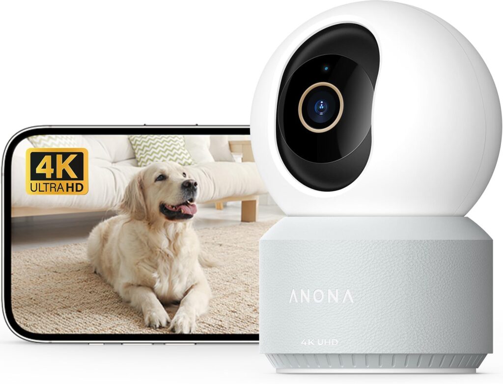Caméra de surveillance Anona 4K connectée : détection AI et suivi automatique en intérieur.