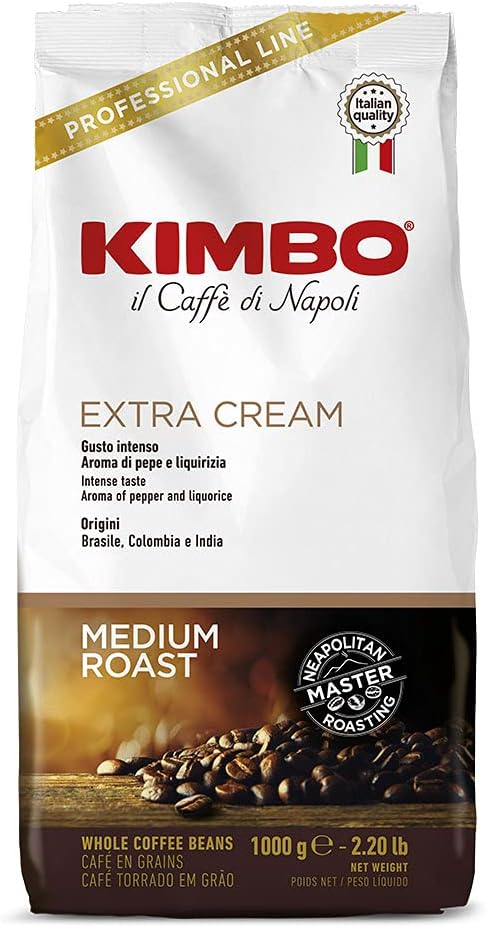 Kimbo Extra Cream : café en grains 6 kg, intensité 11/13, adapté aux machines automatiques.
