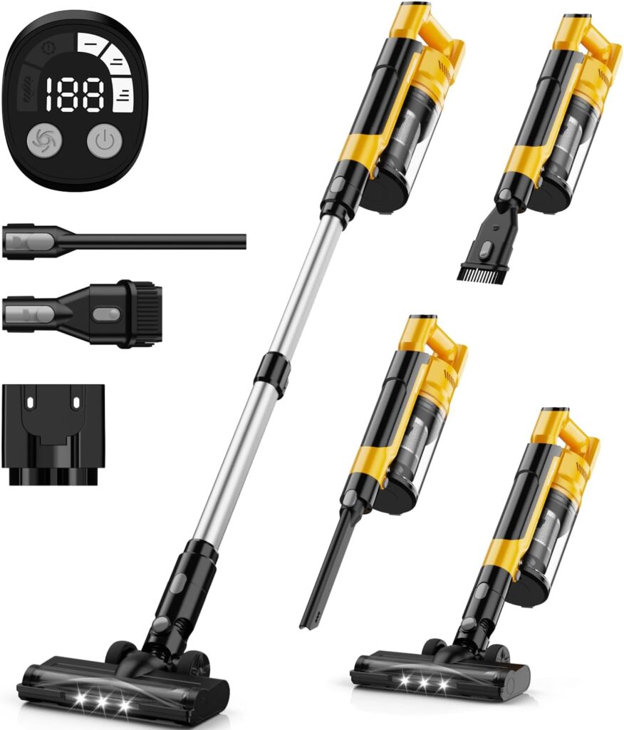 Aspirateur sans fil Dewalt 350W avec batterie 20V, 3 modes et filtration HEPA pour sols.