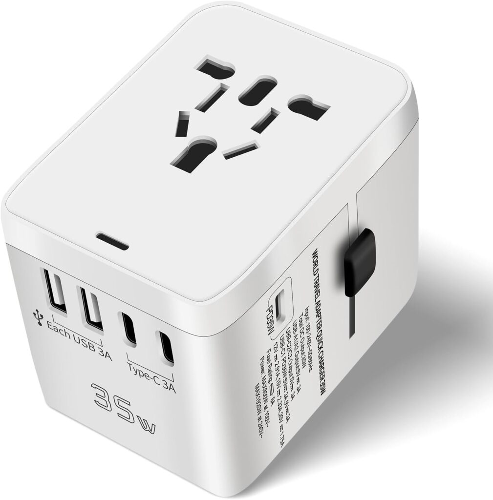 Adaptateur de voyage universel 6 en 1 avec prise AC et ports USB pour 224 pays, dont France et Royaume-Uni.