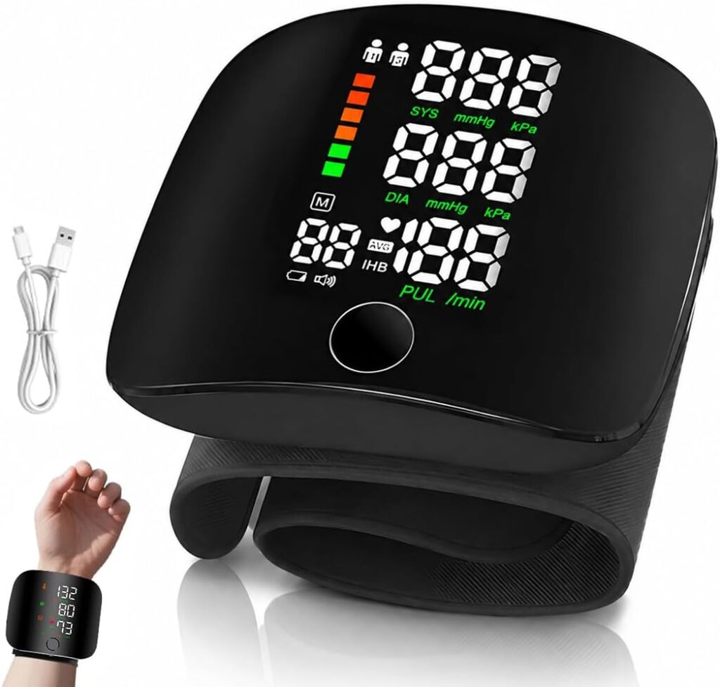 Tensiomètre automatique au poignet avec mémoire de 99 mesures pour usage domestique.