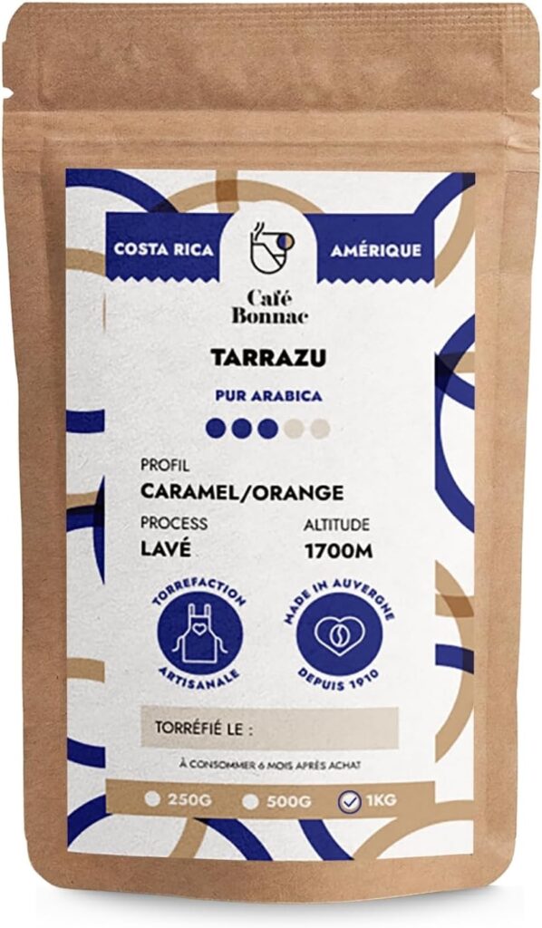 Café Bonnac: Grain de café Tarrazú 1kg, notes de chocolat, orange et miel, torréfaction artisanale.