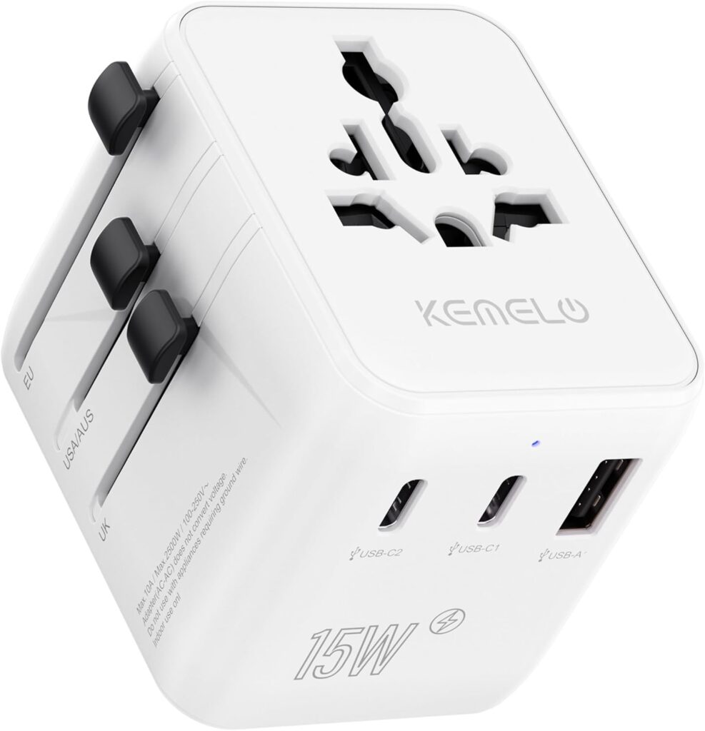 Adaptateur universel avec USB et Type C, compatible avec 200 pays, incluant une fiche USA/JP.