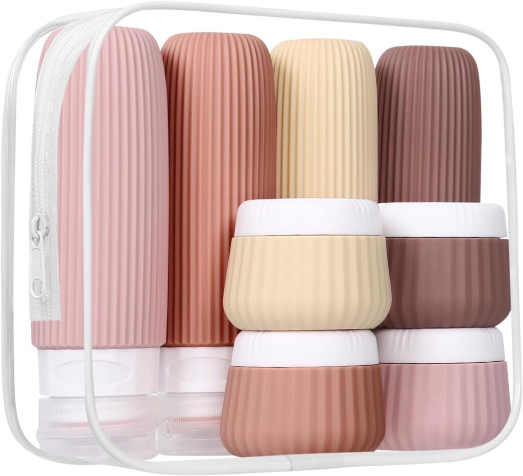 Sets de 8 flacons de voyage en silicone : contenants réutilisables pour avion et sécurité.