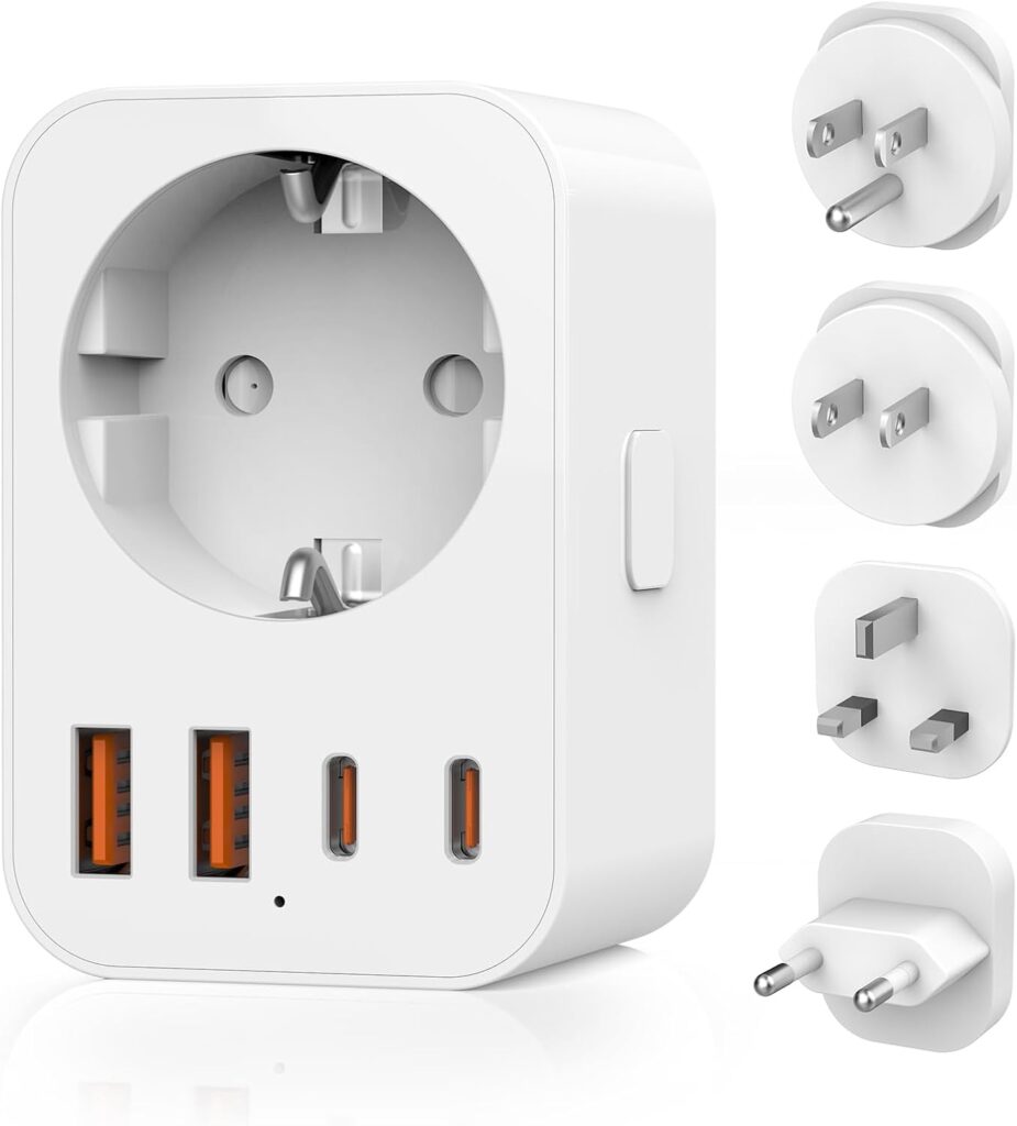 Adaptateur de voyage global avec 4 prises amovibles et ports USB pour l’Europe, USA, Japon et UK.