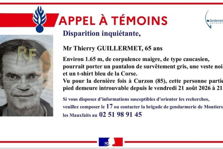 Un homme de 65 ans porté disparu en Vendée, la gendarmerie lance un appel à témoins.