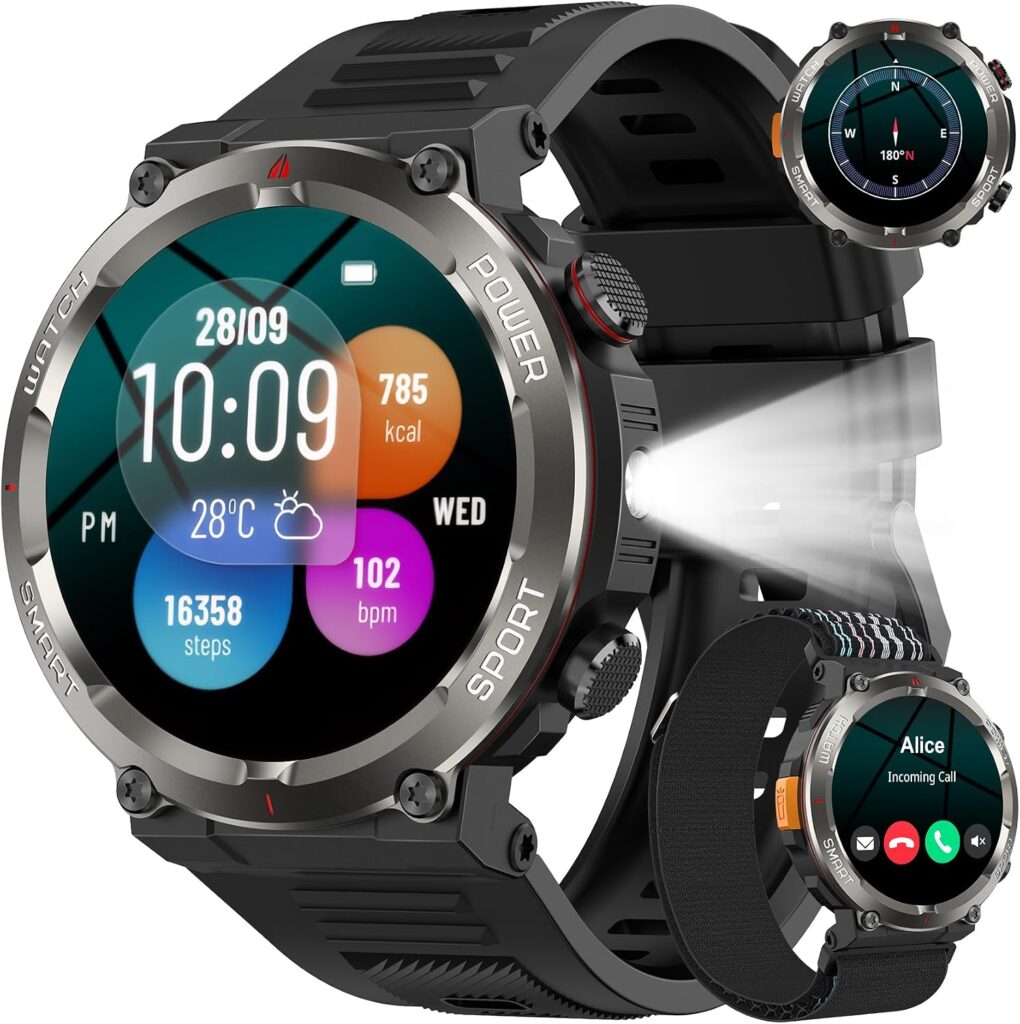 Montre connectée militaire : 1,45″, Bluetooth, IP68, 120+ modes sportifs, 960 mAh.