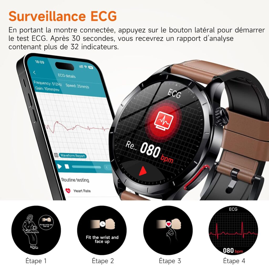 Nouvelle montre connectée pour hommes : ECG, fréquence cardiaque et pression artérielle intégrés.