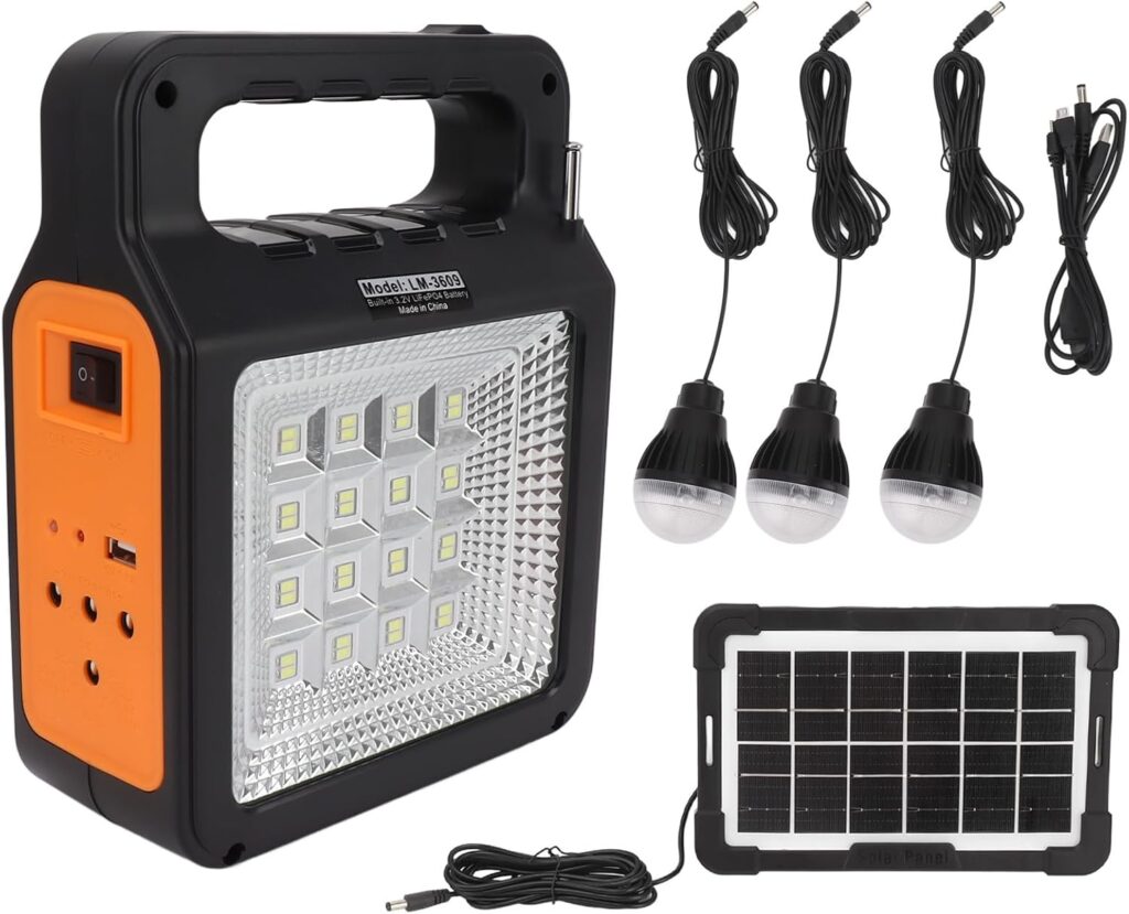 Portable Solar Power Station 6000mAh avec Bluetooth, LED et panneau solaire pour camping et urgences.