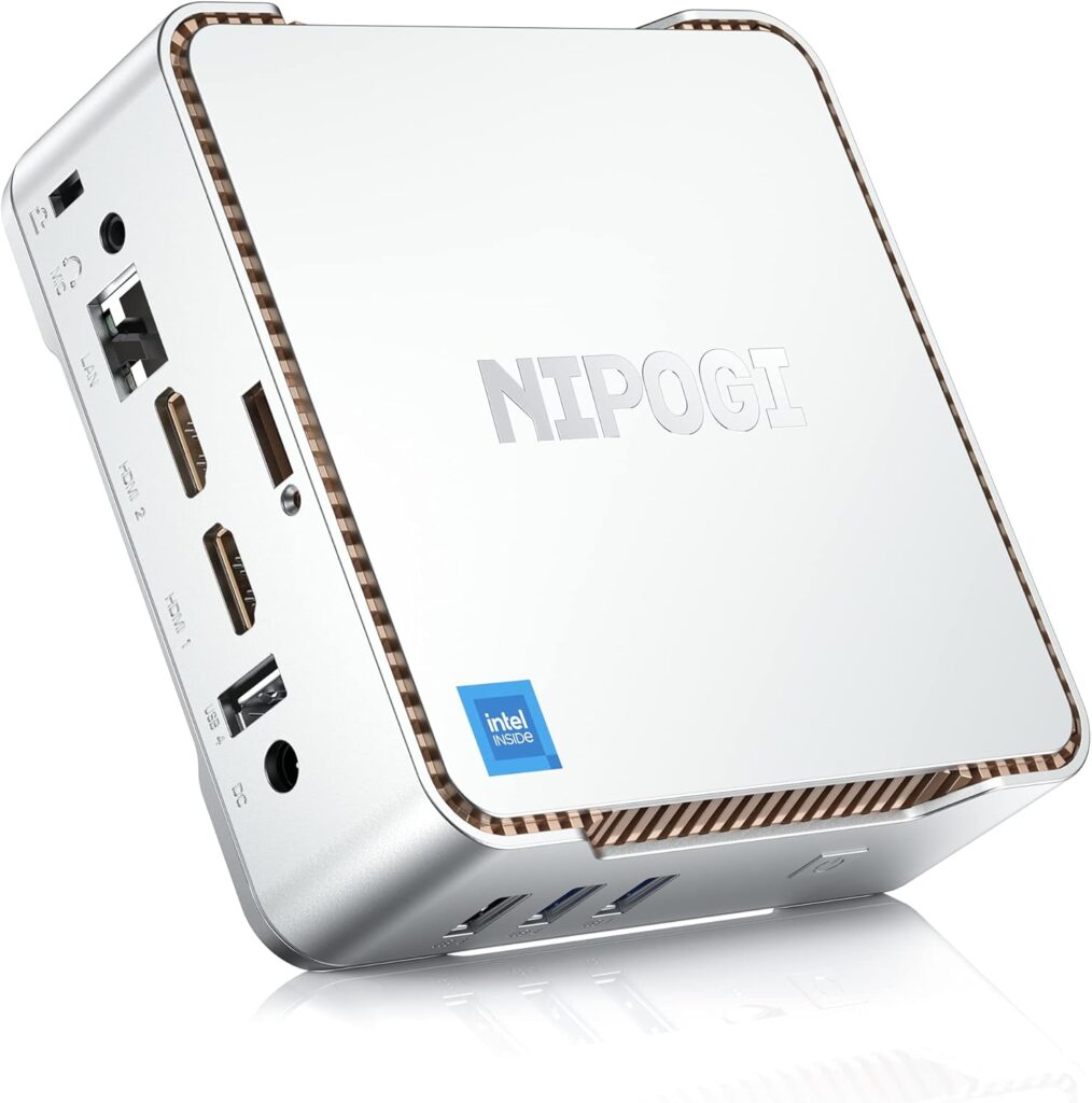 NiPoGi Mini PC équipé de 12 Go RAM et 256 Go SSD avec sorties 4K et connectivité avancée.