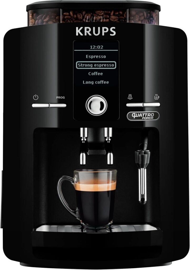 Krups EA82FO : Machine à café expresso automatique de 1,7 L en noir, sans capsule.