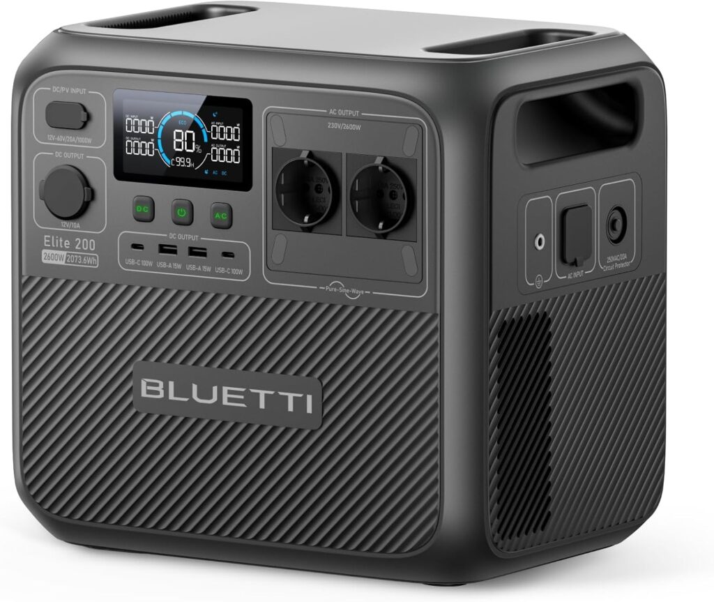 BLUETTI Elite 200 V2 : générateur électrique portable de 2600W avec batterie LFP, recharge rapide 0-80% en 45 min.