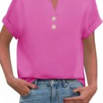 Women&rsquo;s T-Shirt en coton et lin : nouvelle blouse d&rsquo;été en V et à manches courtes pour un style décontracté.