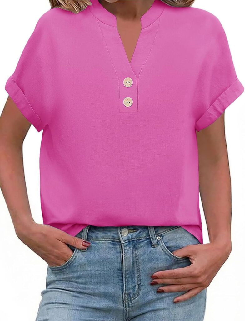 Women’s T-Shirt en coton et lin : nouvelle blouse d’été en V et à manches courtes pour un style décontracté.