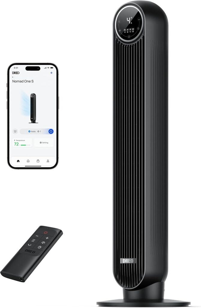 DREO Smart Tower Fan : Ventilateur silencieux avec contrôle vocal, oscillation à 90° et 8H de minuterie