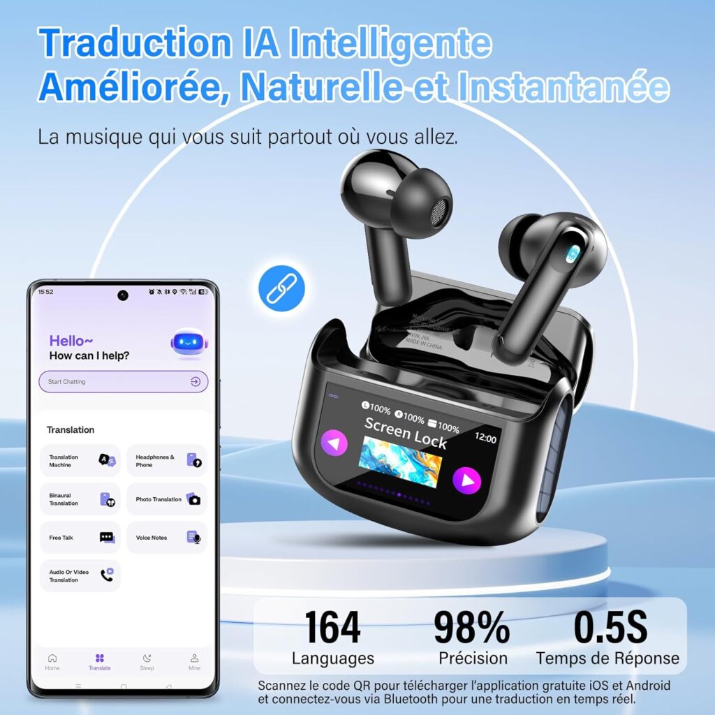 Casque de traduction AI avec 7 modes, réduction de bruit, étanchéité IPX7 et autonomie de 48H.