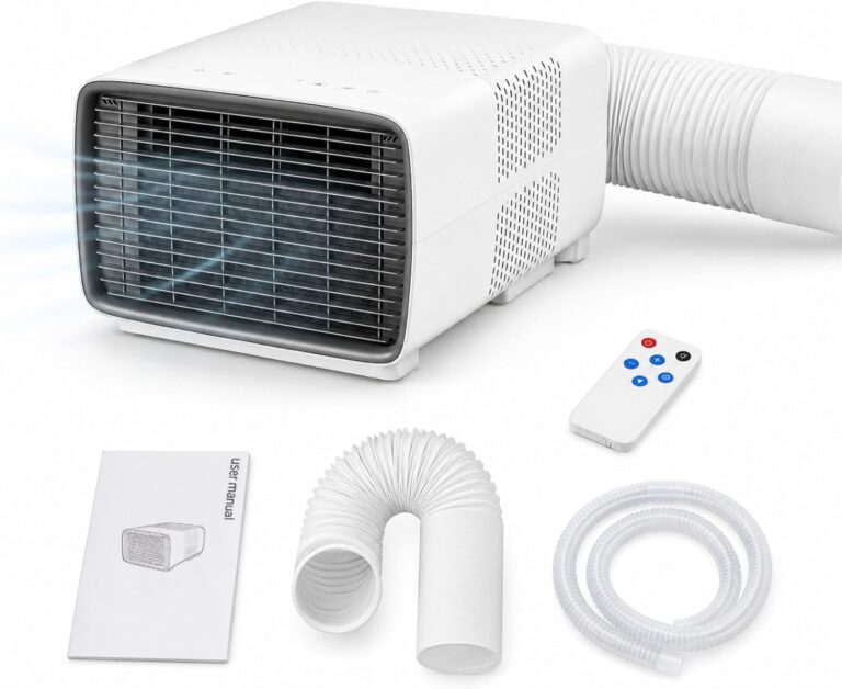 Climatiseur mobile pour chambre et bureau : 900W, 280W consommation, 45dB silencieux, télécommande.