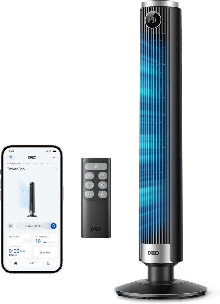 DREO 554S : ventilateur sur pied ajustable de 40-45 pouces avec oscillation à 90° et compatibilité Google Alexa