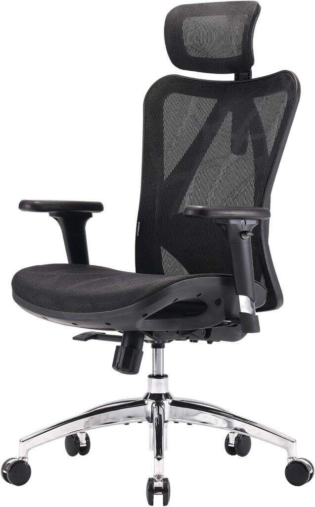 SIHOO présente une chaise de bureau ergonomique en maille noire avec appui-tête réglable et accoudoirs ajustables