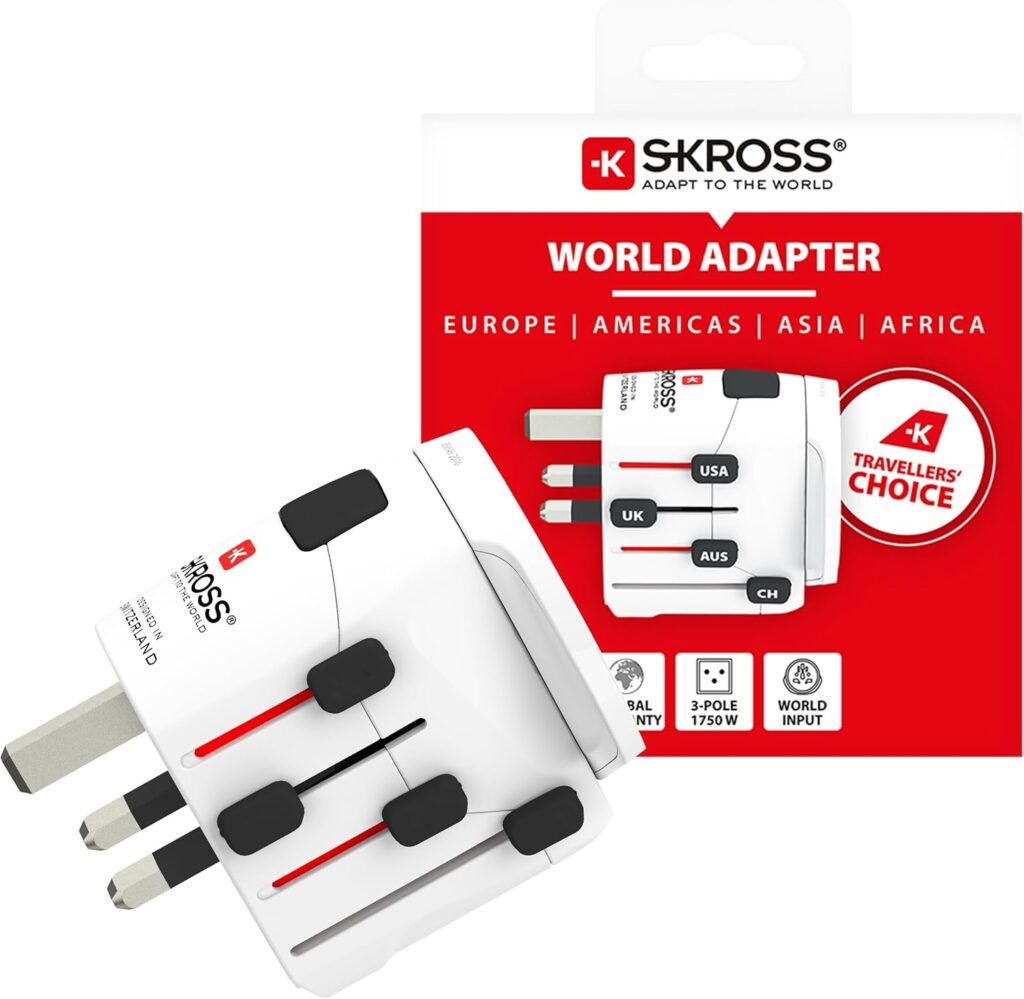 Adaptateur de voyage universel SKROSS : spécifications techniques et protection contre les chocs électriques.