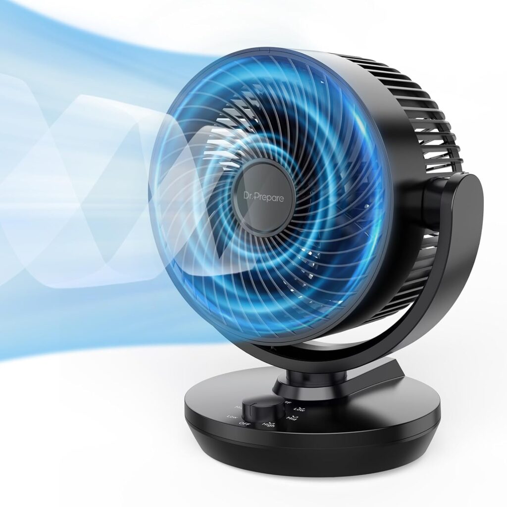 Ventilateur de table silencieux DR.PREPARE de 8 pouces avec oscillation de 70° et trois vitesses.