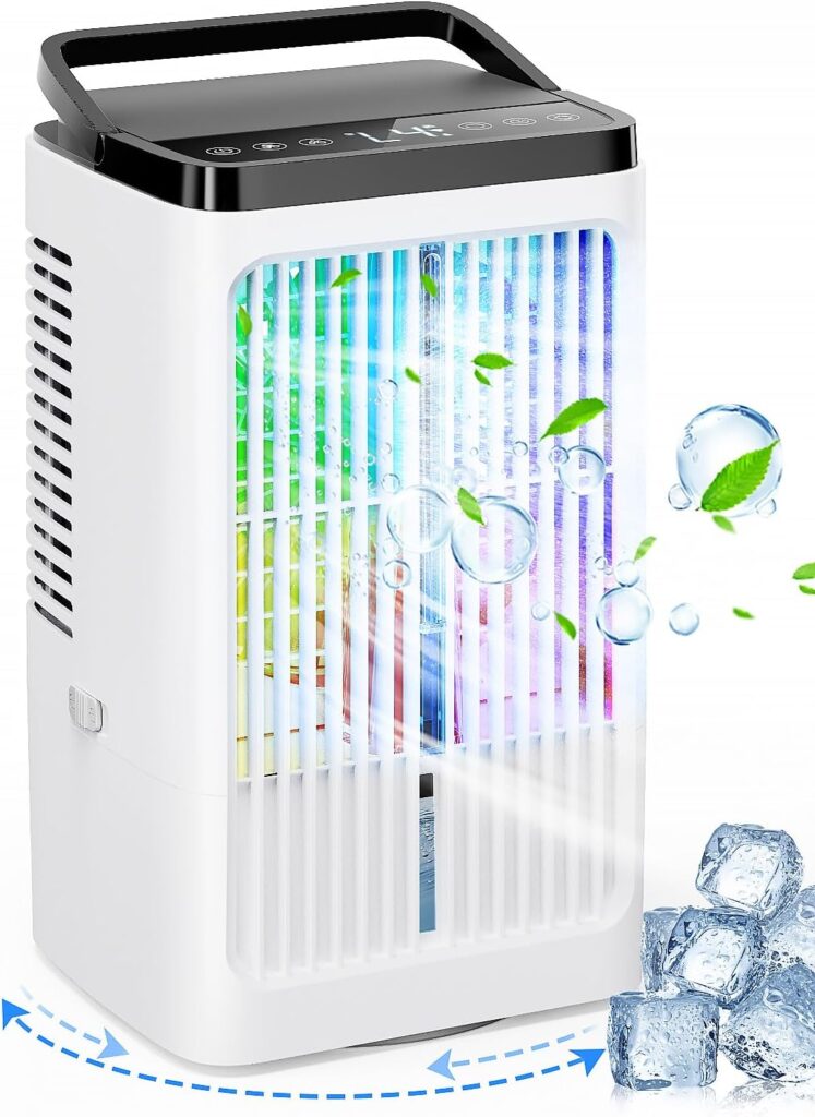 Climatiseur mobile avec réservoir de 1200 ml, oscillation à 90°, 4 vitesses et modes brumisation.