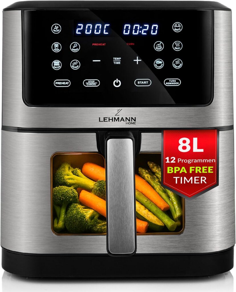 Lehmann XXL : Friteuse à air de 8 litres, 1800 W, 10 programmes pour cuire sans huile.