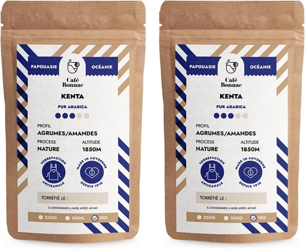 Café Bonnac : Café Kenta de Papouasie-Nouvelle-Guinée, 100 % Arabica, notes de cacao.