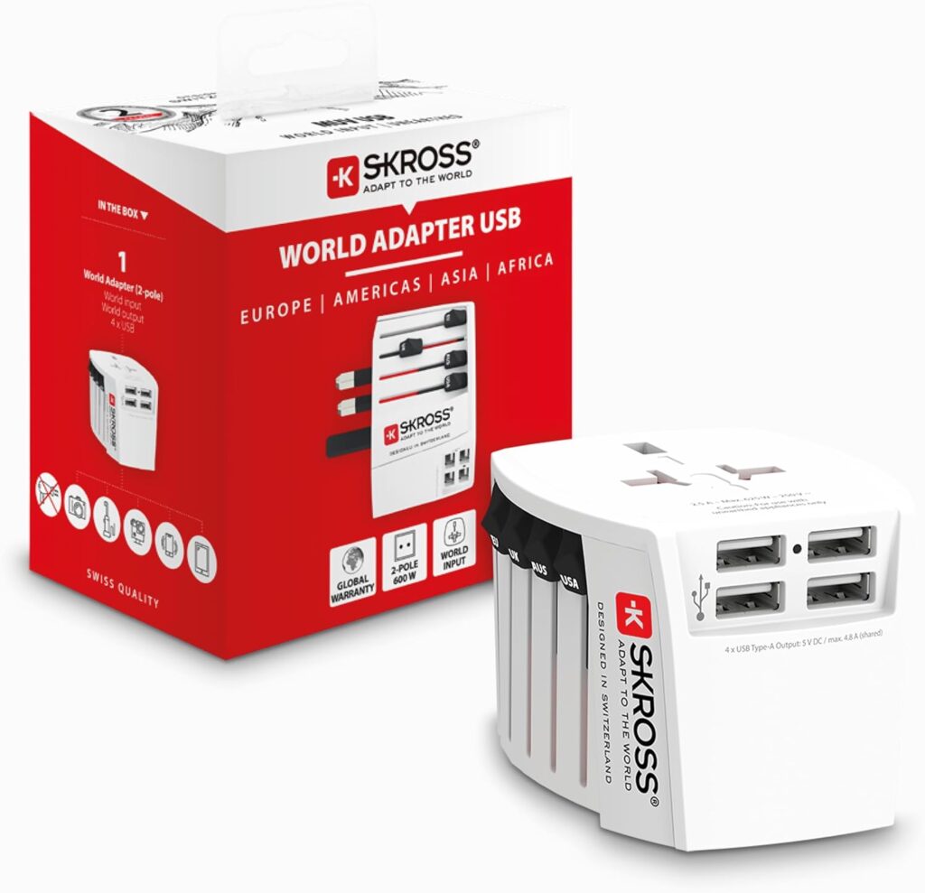 Adaptateur de voyage SKROSS 1.302961 avec ports USB pour les enfants, sécurité et compatibilité 100-250 V.
