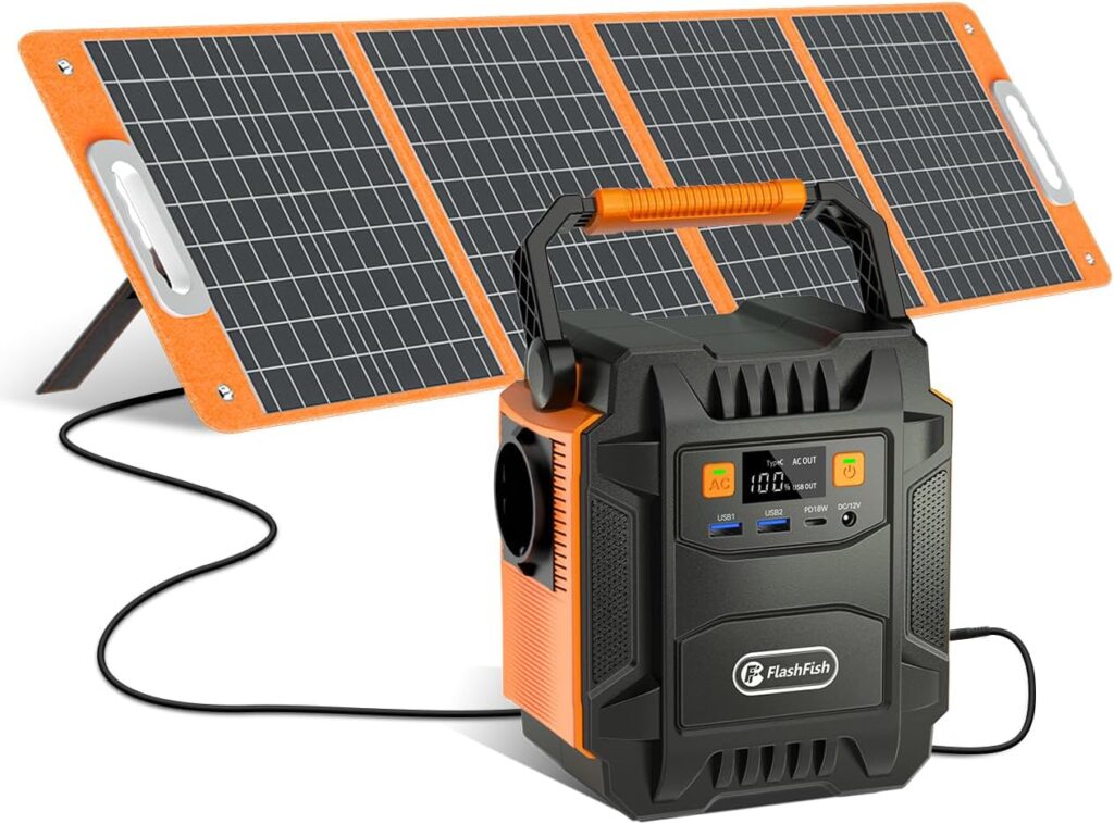 FlashFish 200W : Station d’énergie portable avec panneau solaire de 100W pour camping et urgence
