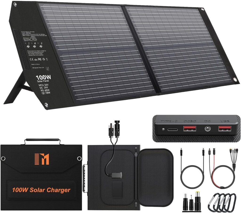 Panneau solaire portable 100W avec charge rapide, idéal pour le camping et l’utilisation hors réseau.